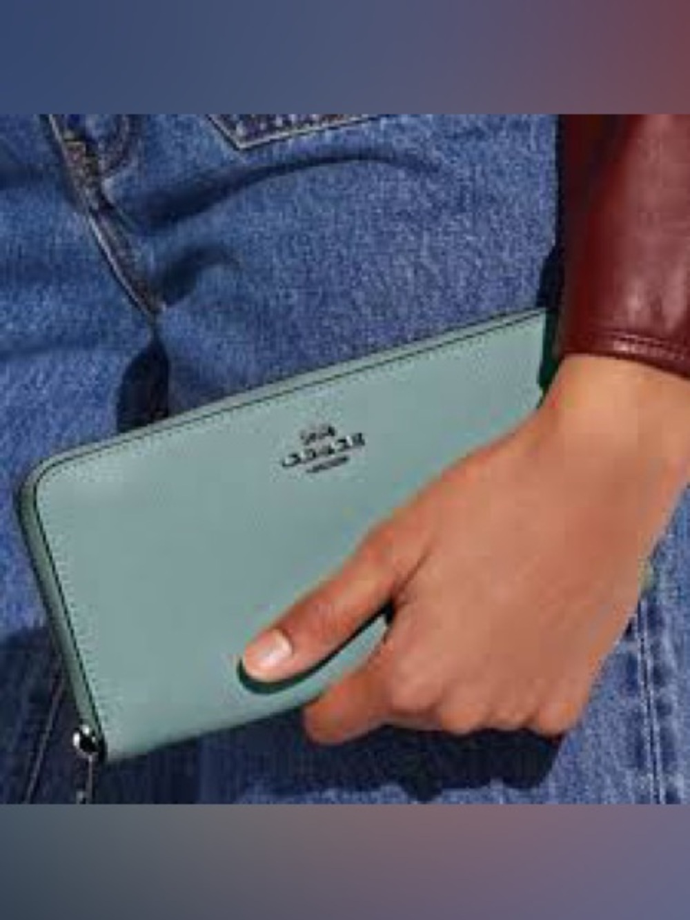 Coach leather accordion zip around Wallet in powdered blue MRSP $250